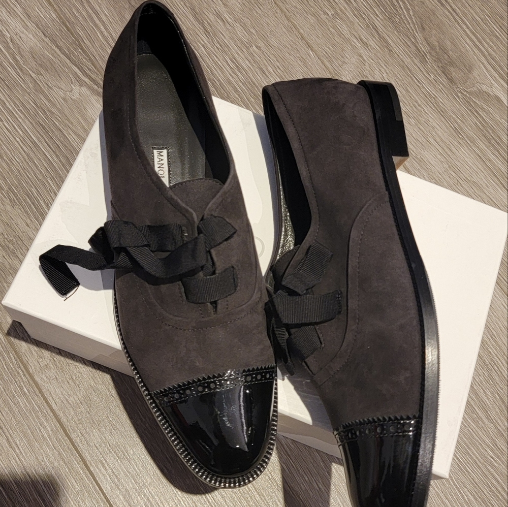 *NEW* Manolo Blahnik Andare Suede/Patent Oxford Flat